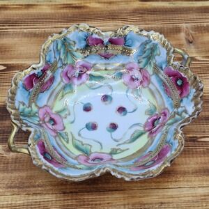 Nippon Porcelain‎ Serving Bowl w/Handles Cabbage Rose 8"x2" Raised Gold